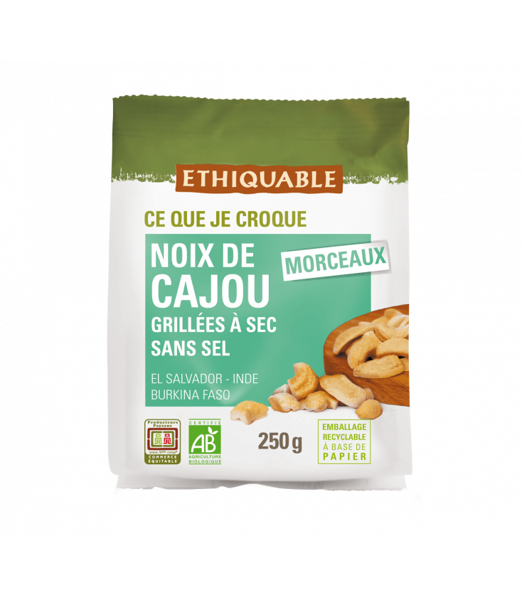 DATE PROCHE - Noix de Cajou grillées à sec, SANS SEL et en morceau bio & équitable